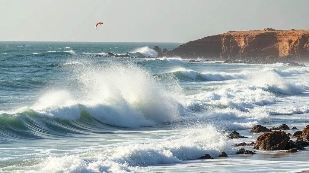 Moulay Bouzerktoun beach with kitesurfers