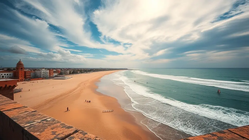 Panoramic Essaouira beach with windsurfers